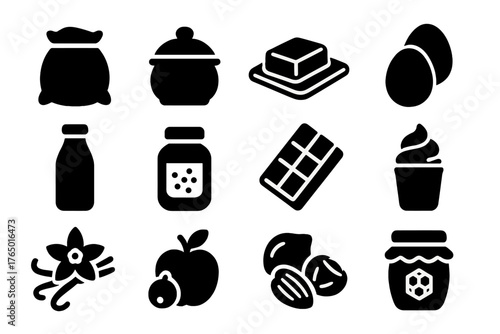 Baking Ingredients Icons. Solid style icons of Ingredients: flour sack, sugar bowl, butter, eggs, milk, yeast jar, chocolate,