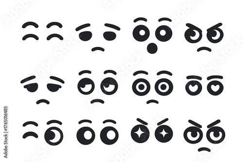 Expressive Eye Icons. Solid style icons of Eye expressions: happy eyes, sad eyes, surprised eyes, angry eyes, sleepy eyes, tired
