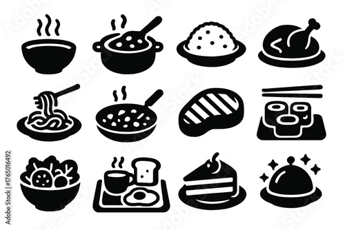 Solid Meal Icons. Solid style icons of Meals: soup bowl, curry pot, rice plate, roasted chicken, pasta dish, stir fry pan, grilled