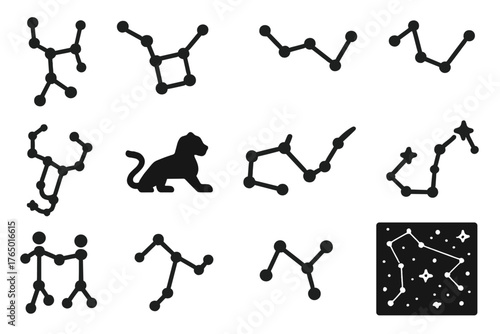Constellation Icon Collection. Solid style icons of Constellations: Orion, Big Dipper, Little Dipper, Cassiopeia, Scorpius, Leo,