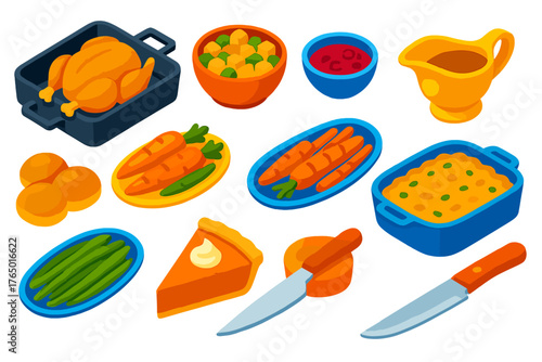 Thanksgiving Feast Icons. Isometric vector illustration set cooking themes: roasting pan, turkey, stuffing bowl, cranberry sauce,