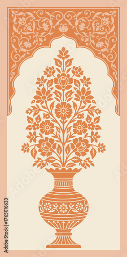 Mughal floral vase panel vintage art flower. Antique Mughal window design with blooming floral pattern.
