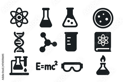 Science Icons Collection. Solid style icons of Science: atom model, test tube, chemical flask, petri dish, DNA helix, molecule