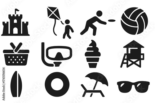 Beach Fun Icons. Solid style icons of Beach Fun: sandcastle, kite flying, frisbee, volleyball, picnic basket, snorkel mask, ice