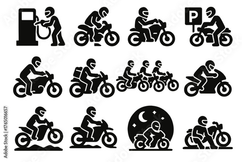 Motorcycle Life Icons. Solid style icons of Motorcycle life: refueling, repairing, cleaning, parking, loading luggage, group ride,