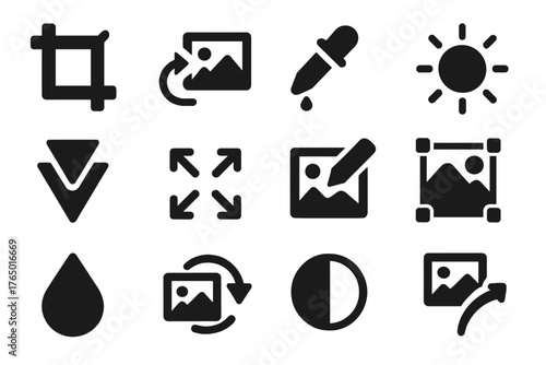 Image Editing Icons. Solid style icons of image and media editing: crop tool, image rotation icon, color dropper, brightness icon,