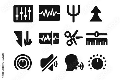 Audio Tool Icons. Solid style icons of audio editing tools: sound mixer, waveform editor, pitch control, fade in, fade out, cut