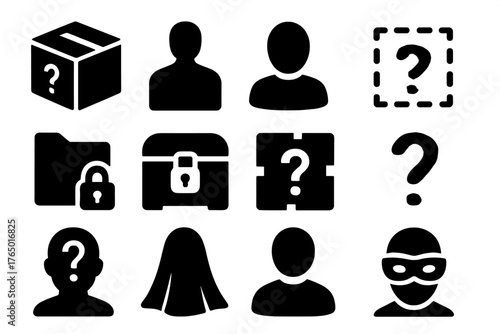 Mystery Icons Collection. Solid style icons of Unknown: mystery box, shadow figure, hidden icon, dotted outline, blurred symbol,