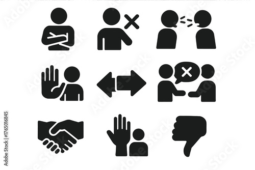Conflict Symbols Collection. Solid style icons of Disagreement: crossed arms, shaking head, two people arguing, conflict gesture,