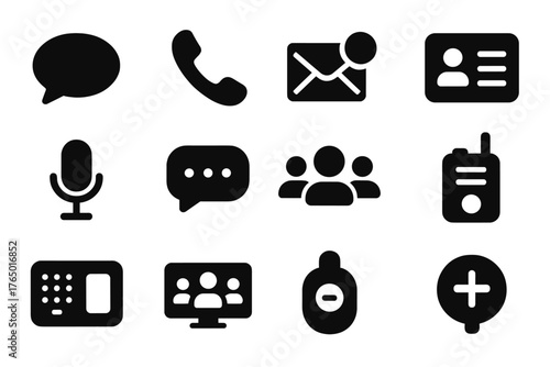 Communication Tool Icons. Solid style icons of communication tools: chat bubble, phone receiver, message alert, contact card,