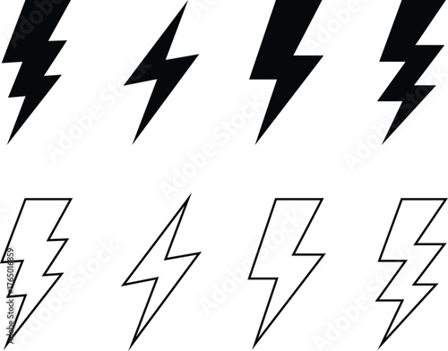 Black and white lightning bolt icons in two rows thunderbolt symbol