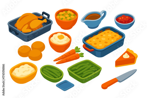 Thanksgiving Feast Icons. Isometric vector illustration set cooking themes: roasting pan, turkey, stuffing bowl, cranberry sauce,