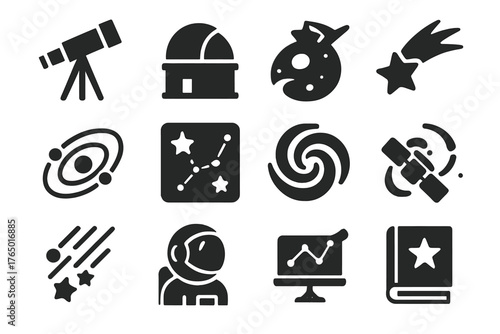 Astronomy Icons Collection. Solid style icons of Astronomy: telescope, observatory dome, shooting star, planetary orbit, star