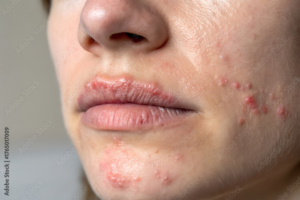 Fototapeta premium herpes simplex virus on the lip, cold sore with redness and blisters