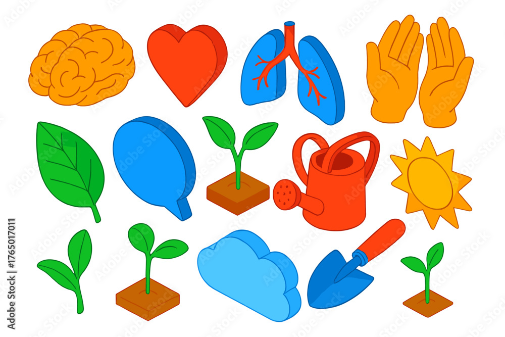 Naklejka premium Wellness Icons Set. Isometric vector illustration set Wellness and Communication: brain, heart, breathing lungs, hands, leaf,