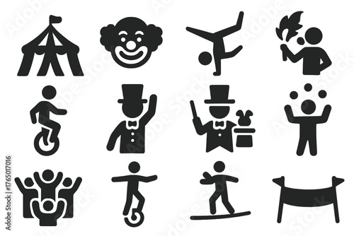 Circus Icons Collection. Solid style icons of Circus Performance: striped tent, clown face, acrobat, fire breather, unicycle rider