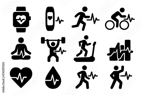 Fitness Heartbeat Icons. Solid style icons of Fitness heartbeat: smartwatch heart monitor, fitness tracker, running pulse, cycling