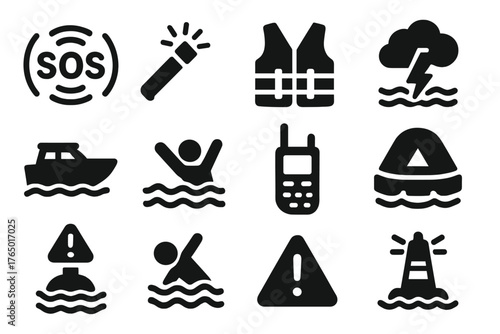 Marine Safety Icons. Solid style icons of marine safety and alerts: SOS signal icon, distress flare, safety vest, storm warning