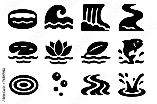 Aquatic Icon Collection. Solid style icons of Aquatic nature: lake, ocean wave, waterfall, river bend, pond surface, water lily,