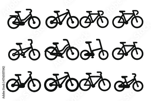 Solid Bicycle Icons. Solid style icons of bicycles and bikes: classic bicycle, mountain bike, road bike, racing bike, BMX bike,
