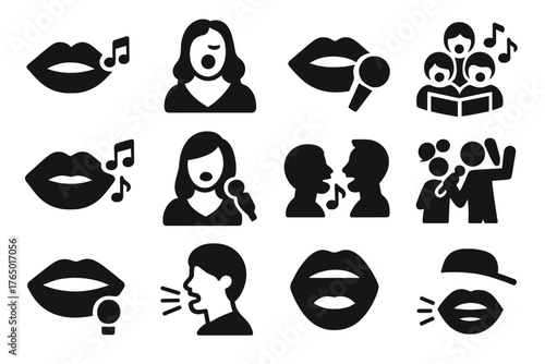 Singing Icon Montage. Solid style icons of Singing: singer lips, opera singer mouth, karaoke microphone mouth, choir singing, pop