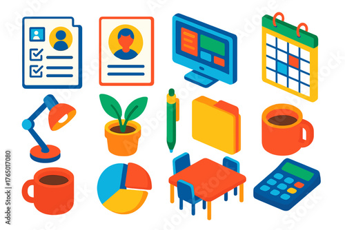 Business HR Essentials. Isometric vector illustration set business and HR essentials: HR forms, candidate profile card, office