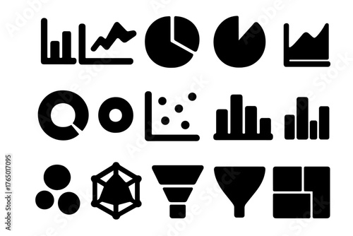 Solid Chart Icons. Solid style icons of Charts: bar chart, line graph, pie chart, area chart, donut chart, scatter plot, stacked