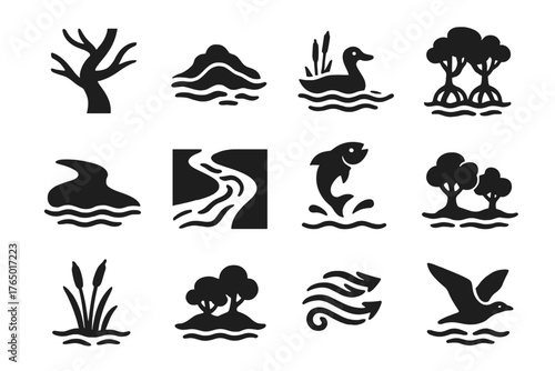 River Delta Icons. Solid style icons of River Delta: branching channels, flowing sediment, wetland wildlife, meeting of waters,