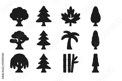Solid Tree Icons. Solid style icons of Forest trees: oak, pine, birch, maple, cedar, fir, palm, cypress, willow, spruce, bamboo,