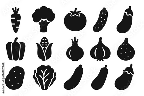 Solid Vegetable Icons. Solid style icons of Vegetables: carrot, broccoli, tomato, cucumber, bell pepper, corn, onion, garlic,