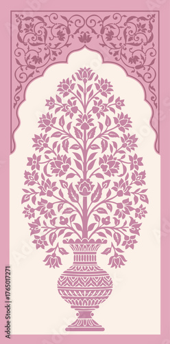 Mughal floral vase panel vintage art flower. Antique Mughal window design with blooming floral pattern.
