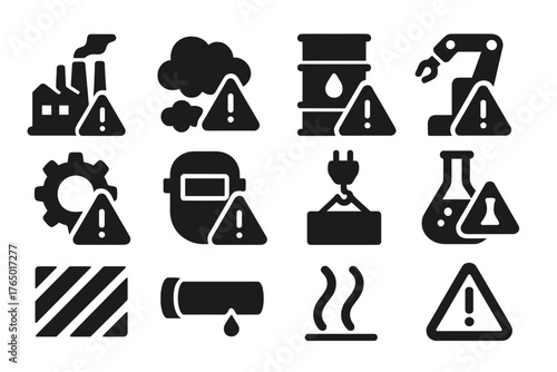 Industrial Hazard Icons. Solid style icons of Industrial hazards: factory danger, gas leak warning, oil barrel hazard, machine