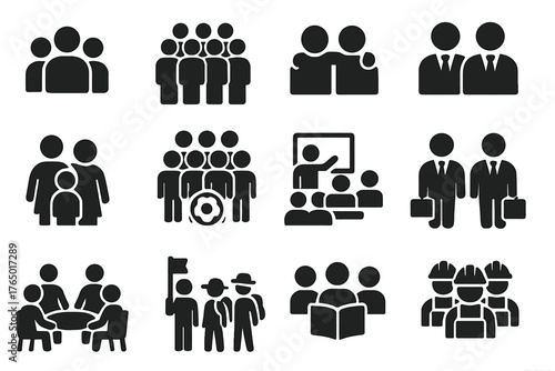 Diverse Group Icons. Solid style icons of Groups: small group of people, large group of people, two friends, three colleagues,