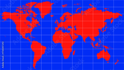 A minimalist world map, with the continents highlighted in red against a vibrant blue backdrop of oceans. A white coordinate grid lends a rigorous, scientific feel to the image.