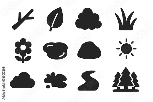 Nature Icons Collection. Solid style icons of Nature environment: tree branch, leaf, bush, grass patch, flower, pond edge, rock,