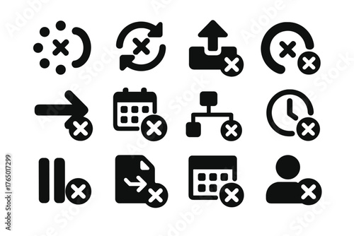 Action Interruption Icons. Solid style icons of action interruption: loading cancel, sync stop icon, cancel upload, stop progress