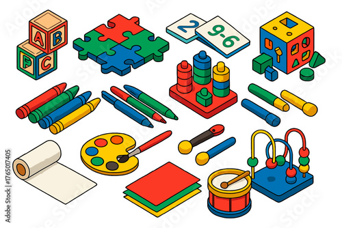 Colorful Educational Toys. Isometric vector illustration set abc blocks, puzzles, crayons, and more: alphabet stacker, math