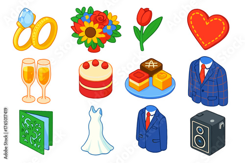 Colorful Wedding Icons. Isometric vector illustration set rings, flowers, heart, toast, cake, card, dress, camera: pear-shaped