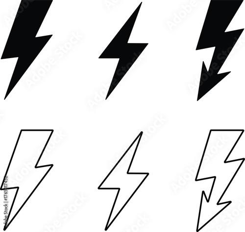 Six black and white lightning bolt icons in two rows thunderbolt electricity