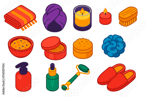 Vibrant Bath Essentials. Isometric vector illustration set featuring towel, candle, and bath supplies: Turkish towel, spa head