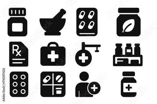 Pharmacy Icon Set. Solid style icons of Pharmacy: pill bottle, mortar and pestle, capsule pack, herbal jar, prescription icon,