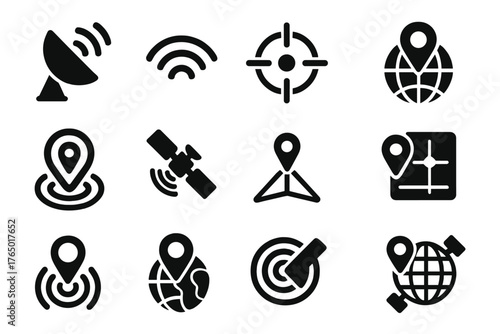 GPS and Satellite Icons. Solid style icons of GPS and satellite: satellite dish icon, GPS waves, GPS target circle, global