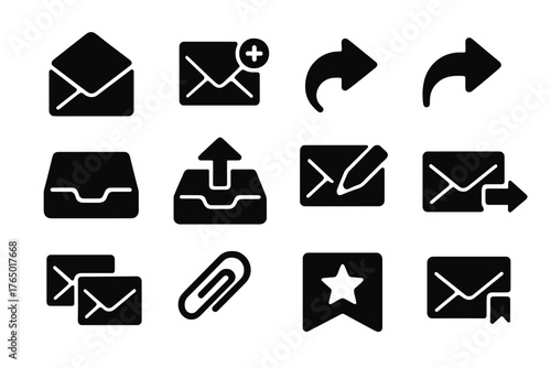 Email Icons Set. Solid style icons of email communication: open envelope, new message, reply arrow, forward symbol, inbox tray,