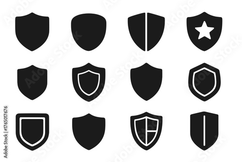 Diverse Shield Icons. Solid style icons of shield symbols: classic shield, rounded shield, split shield, shield with star, minimal