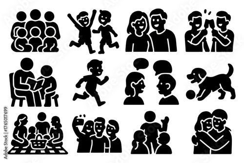 Joyful Family and Friends. Solid style icons of Family and friends: group sitting, kids playing, couple laughing, friends clinking