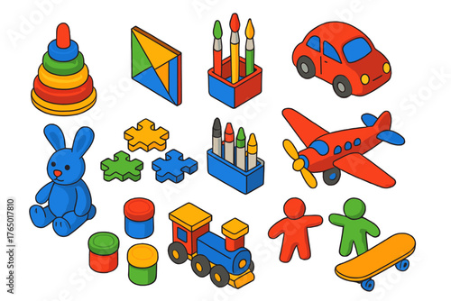 Creative Kids Toys. Isometric vector illustration set Creative Kids and Play: stacking rings, tangram puzzle, paintbrush set, toy