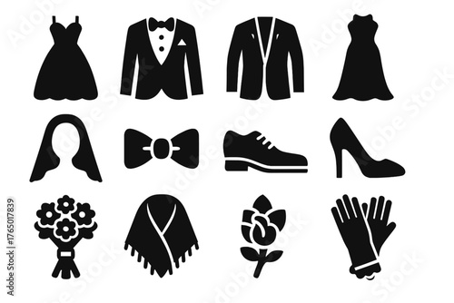 Wedding Attire Icons. Solid style icons of Wedding outfits: wedding dress, tuxedo, suit, gown, veil, bow tie, dress shoes, high