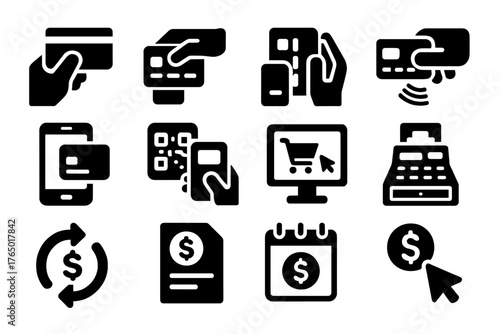 Payment Action Icons. Solid style icons of Payment actions: swipe card, insert chip, tap to pay, mobile wallet, QR payment, online
