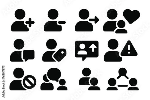 Social Interaction Icons. Solid style icons of Social interaction: add friend, remove friend, follow, unfollow, like user, message