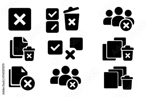 Mass Delete Icons. Solid style icons of selection and bulk removal: select with X, checkboxes with delete, mass delete icon, bulk